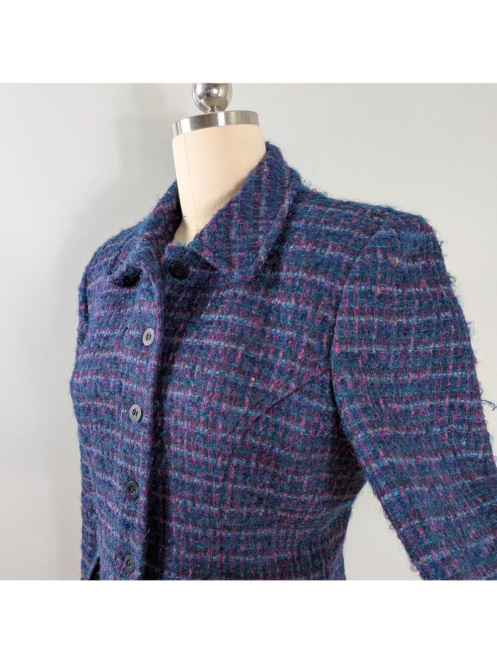 Jones Tweed Plaid Blazer Jacket 12 Blue Wool Mohair Vintage 90s Preppy Classic